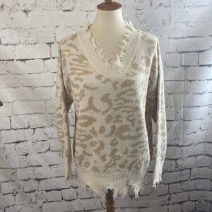 Leani Loose Knit Leopard Print Sweater Beige tan Size Small New